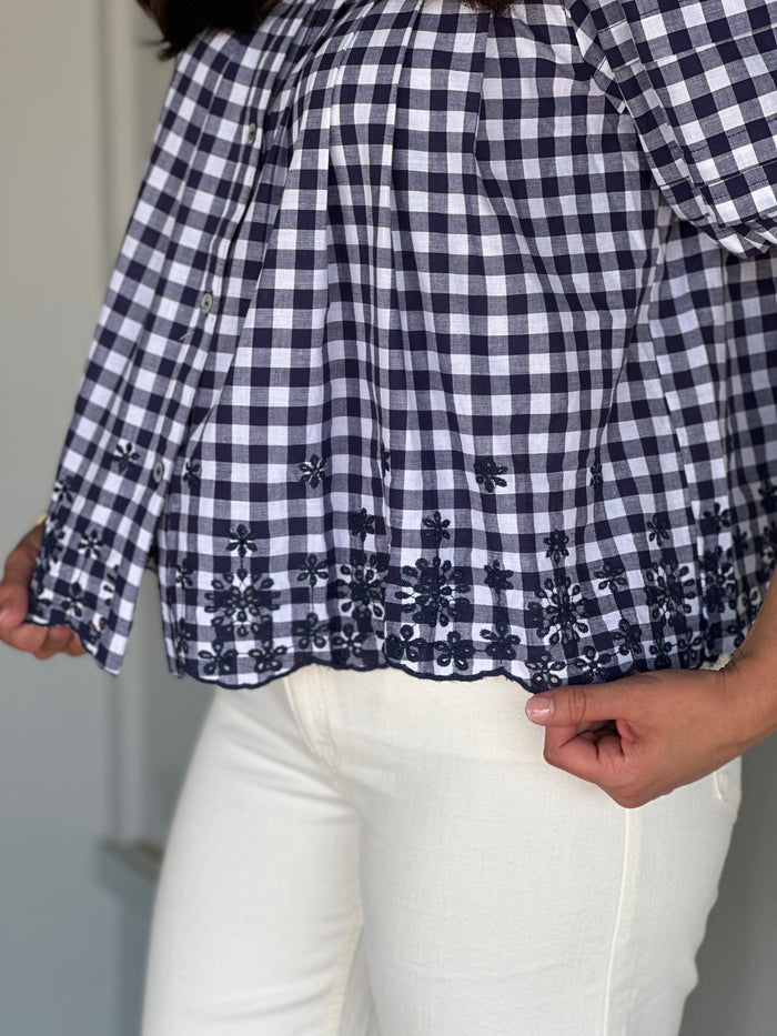 Abbie Gingham Puff Sleeve Top in Navy