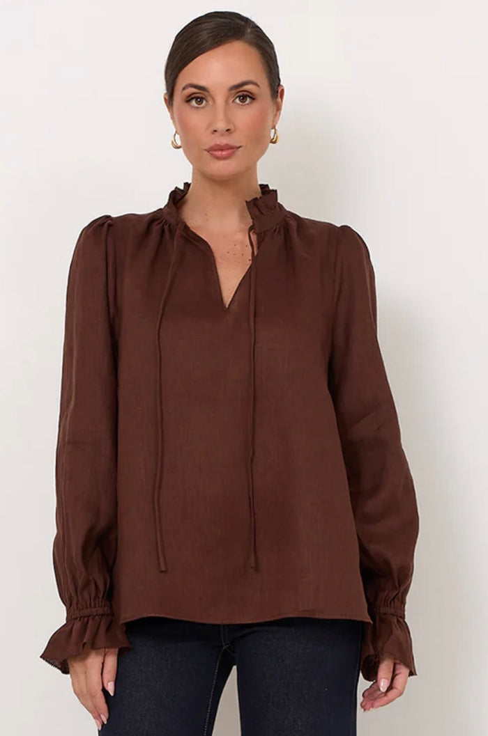 Adorne Sandra Chocolate Ruffle Linen Top