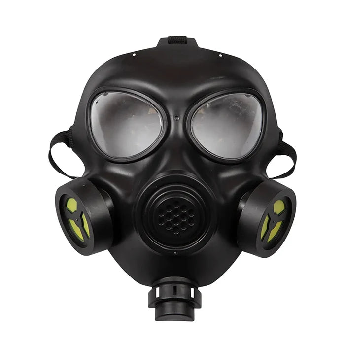 Black plastic gas mask with nuclear symbols for fancy dress costumes