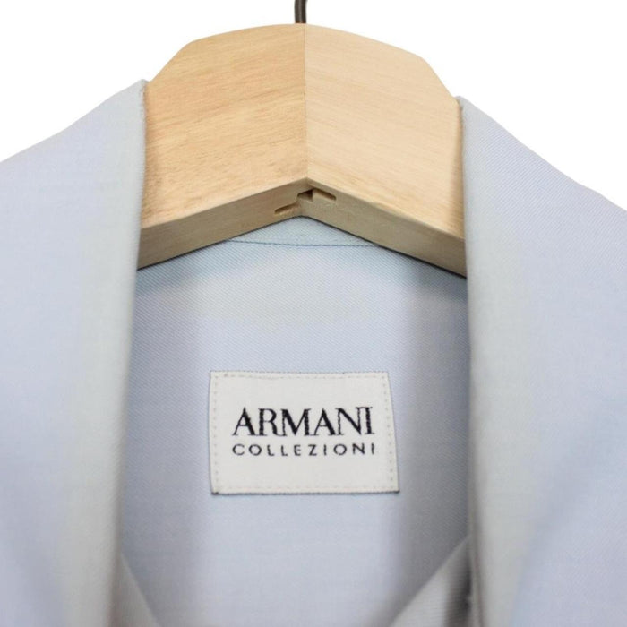 Armani light blue long sleeve cotton shirt with subtle collar discolouration.