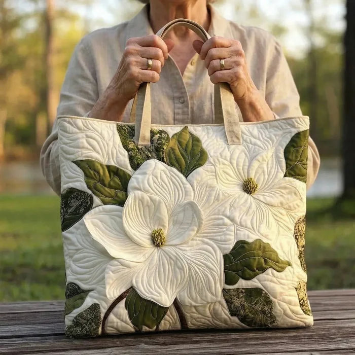 Artisan Quilted Tote Bag - Elegant White Lilies