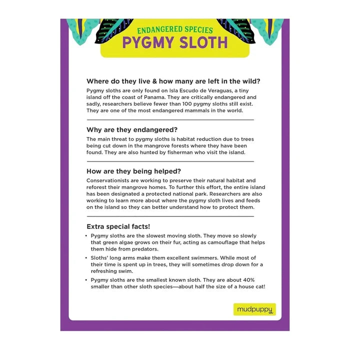 Animal facts sheet for endangered species pygmy sloth