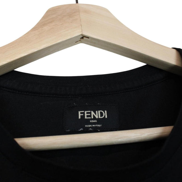 Fendi black cotton t-shirt with red Bag Bug eyes graphic and pocket detail.