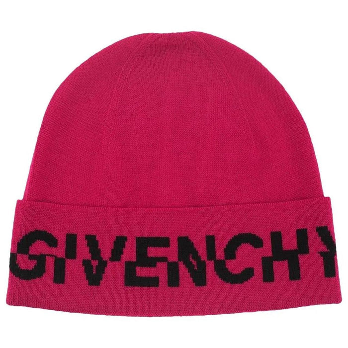 Givenchy black and pink wool beanie hat with split logo design.