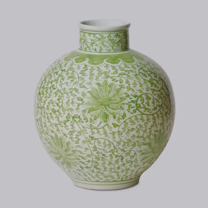 Green and White Porcelain Scrolling Lotus Globe Vase