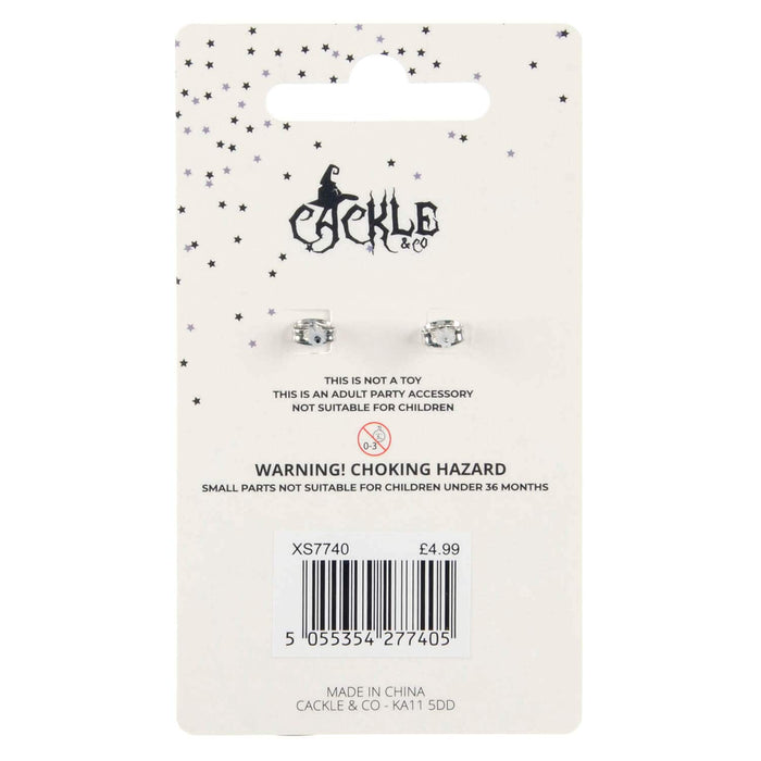 Reverse of a card with Cackle & Co branding with earring butterfly backs