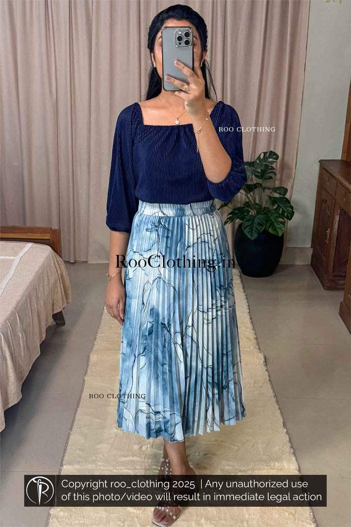 Micro Pleated Navy Blue Elastic Neckline Top