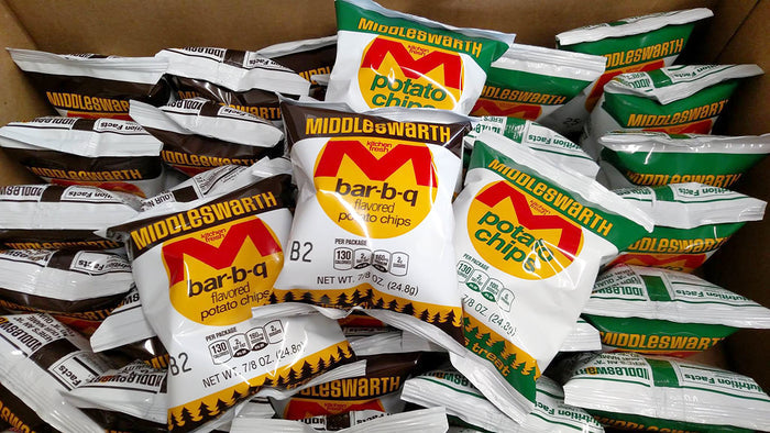 A case containing multiple bags of Middleswarth Potato Chips, with visible flavors including BBQ, Plain, and Sour Cream and Onion.