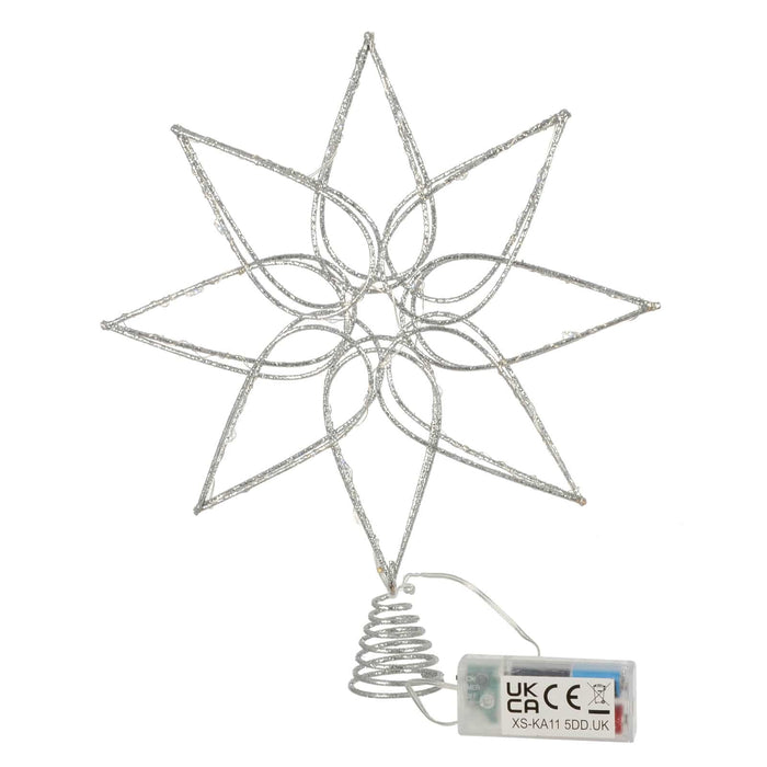 FLoral star shaped Christmas tree topper with silver glitter frame and battery pack