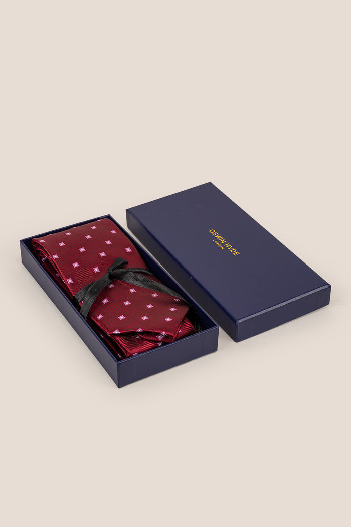 Multi Square Red tie with sophisticated design, perfect for weddings, office wear, and formal occasions.