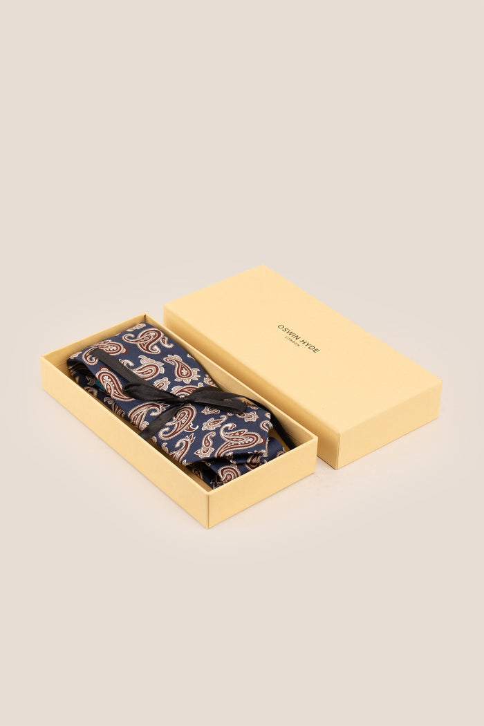 Navy Paisley Silk Tie with paisley design, offering luxury and elegance for special occasions.
