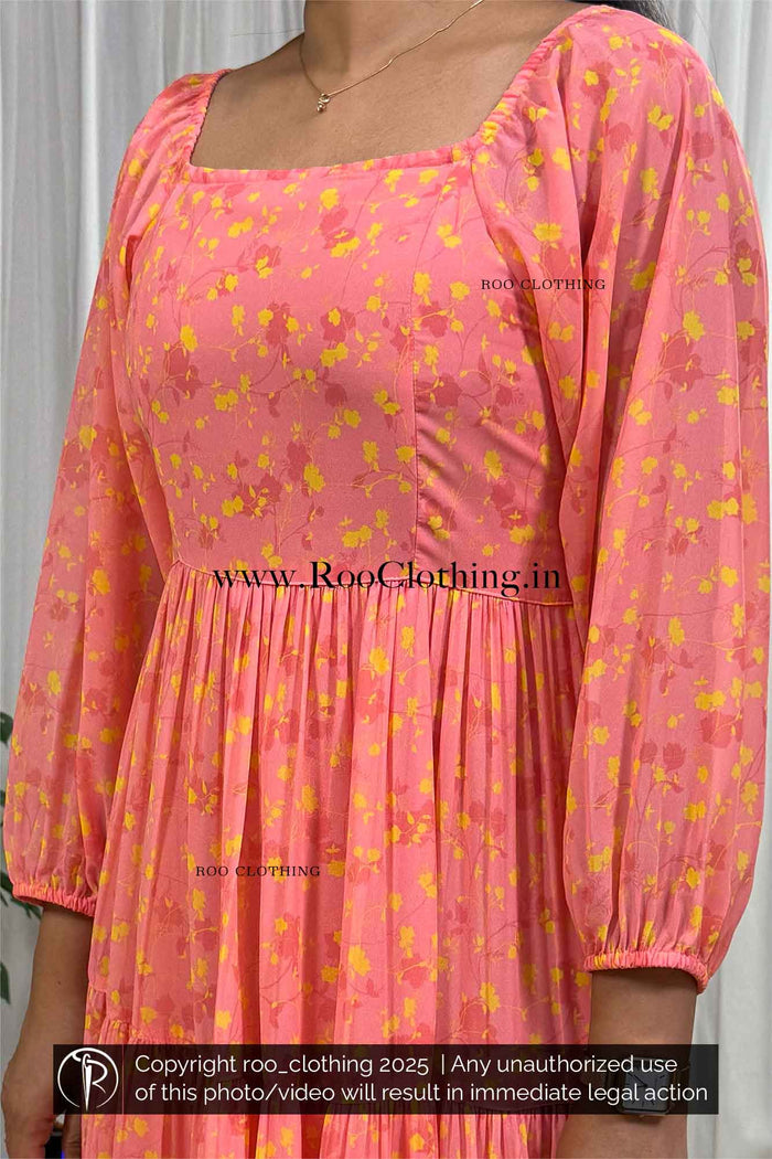 Peachy Tangerine Georgette Tier Midi Dress