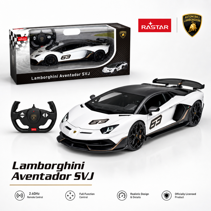 Rastar 1:14 Lamborghini Aventador SVJ 63 Performance Edition RC car in white with "63" race livery, shown in its retail packaging box labelled "Lamborghini Aventador SVJ" with the steering wheel controller, highlighting 2.4 GHz remote control, full function control, realistic design, and official licensing.