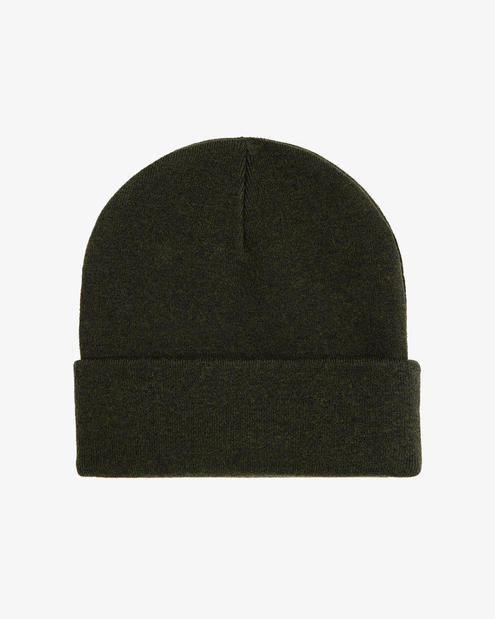 A back view of The Beanie in khaki, laid flat on a white background, highlighting its fold-over cuff and soft fine knit.