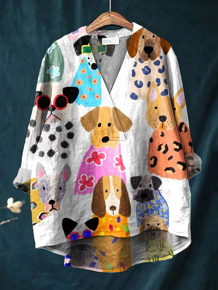 Women's Colourful Fun Cartoon Puppy Print Casual Cotton V-neck Shirt
