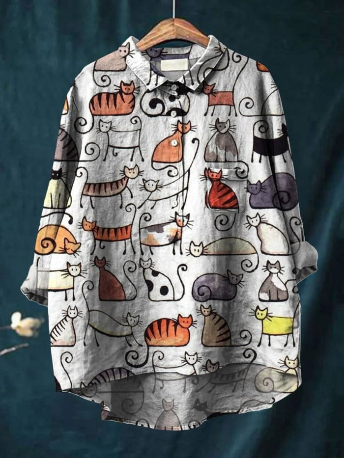 Women's Cute Cat Art Print Casual Cotton Shirt