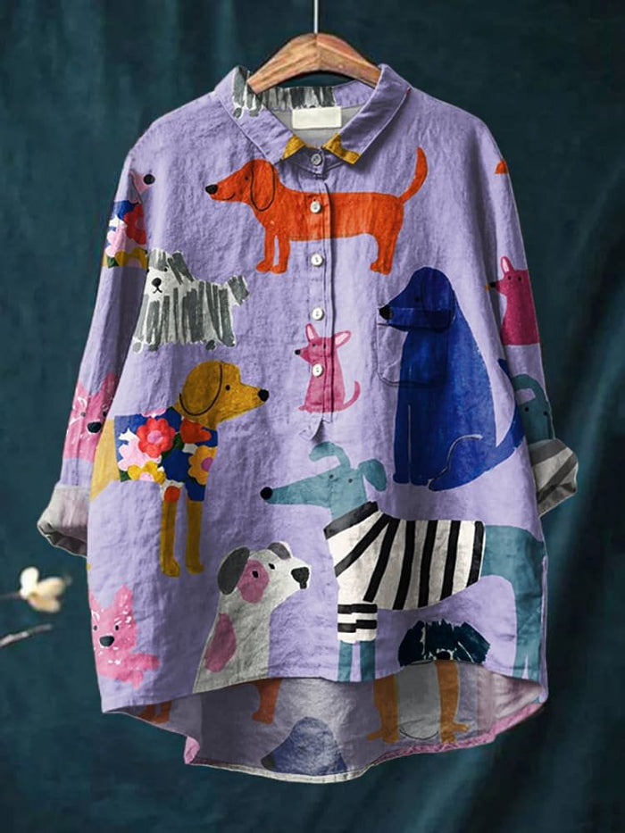 Women's Dog Art Print Casual Cotton Shirt