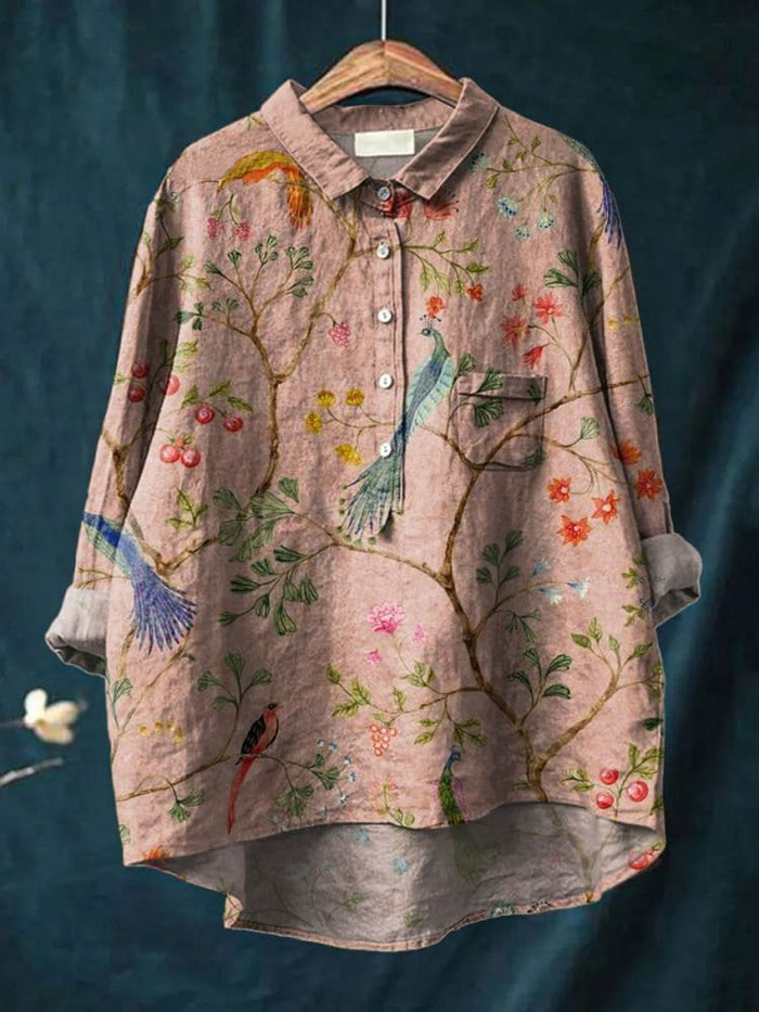 Women's Vintage Ethnic Lovely Birds Floral Art Print Casual Cotton Shirt