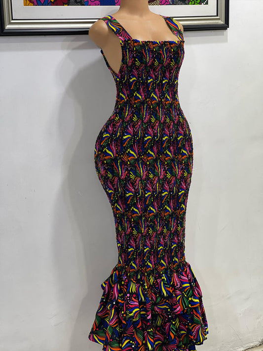 African print smoked body-con dress.
