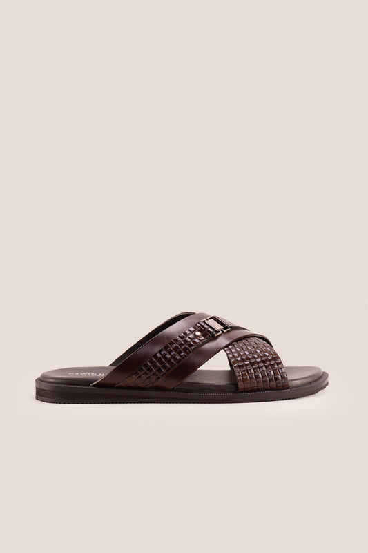Aiden Brown men’s leather sandals with a unique woven criss-cross strap design.