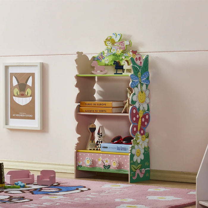 All 4 Kids Olivia fairy 3-tier flower bookcase with drawer front view