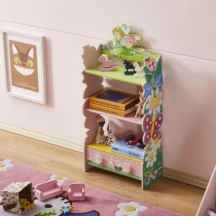 Fairy themed girls bedroom bookcase with three shelves and bottom drawer