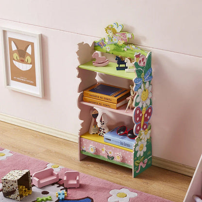 Fairy themed girls bedroom bookcase with three shelves and bottom drawer