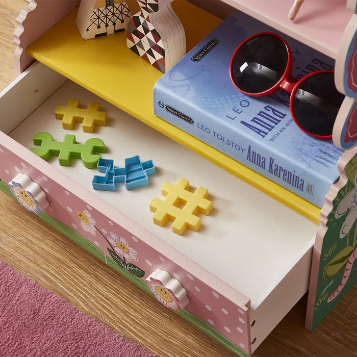 Girls flower bookcase detail with fairy butterfly and floral artwork