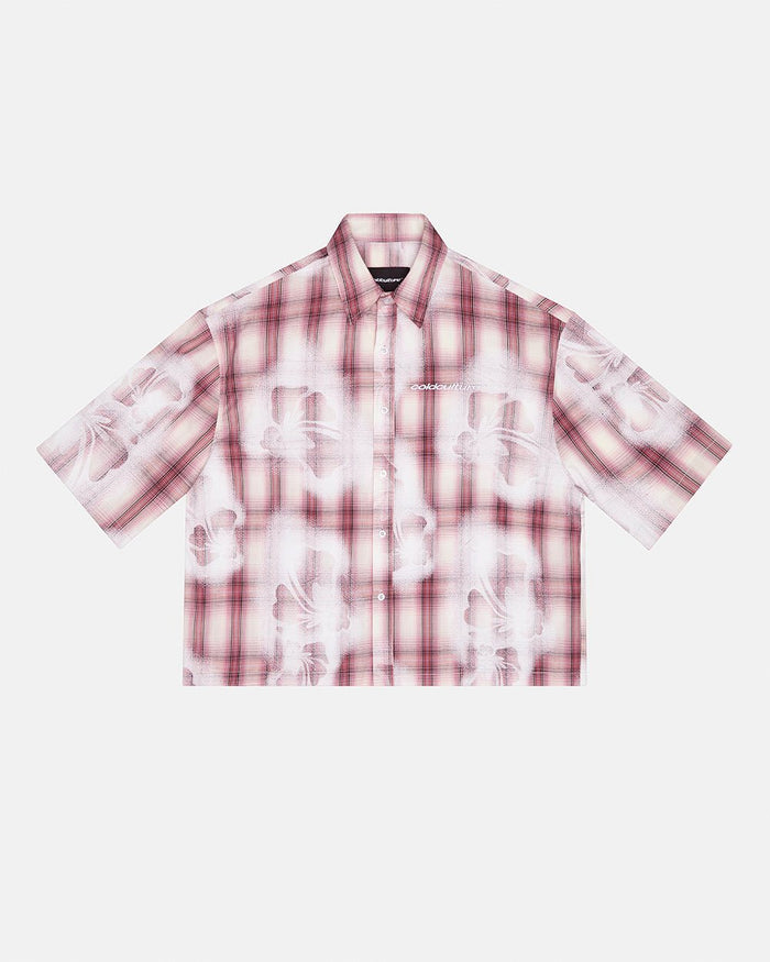 ALOHA SHIRT PINK - pink plaid short sleeve shirt, front view - Cold Culture