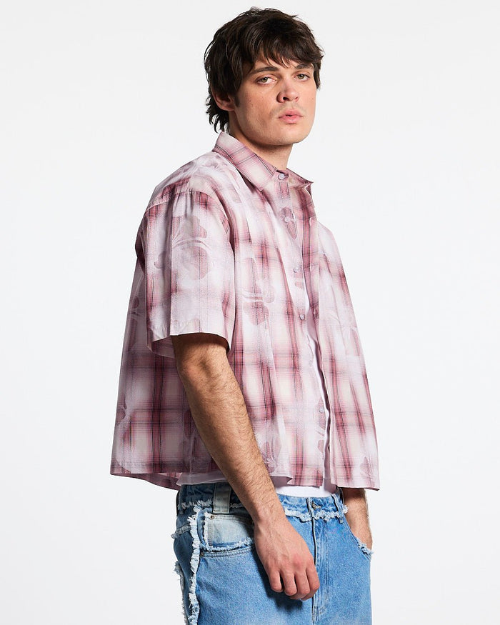 ALOHA SHIRT PINK - pink plaid short sleeve shirt, side view - Cold Culture #man