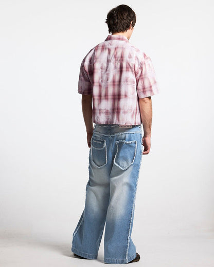 ALOHA SHIRT PINK - pink plaid short sleeve shirt, back view on male model - Cold Culture #man