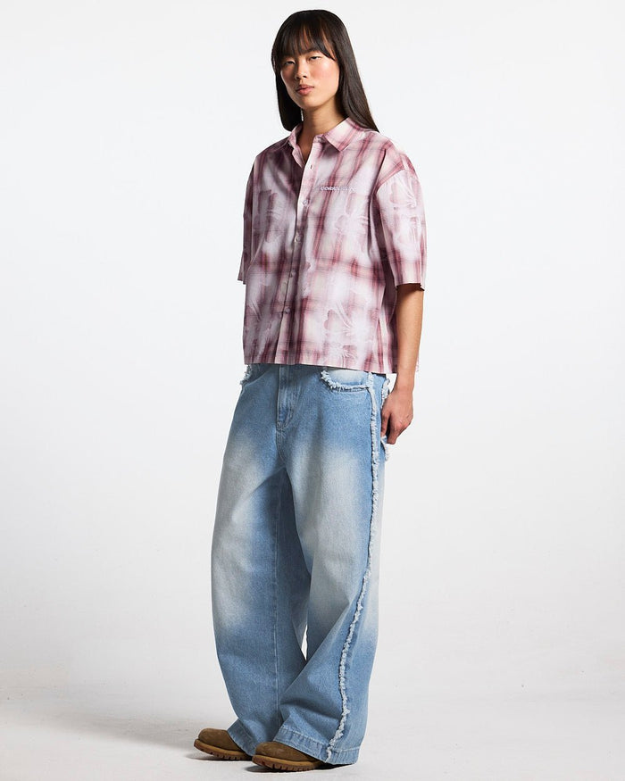 ALOHA SHIRT PINK - pink plaid short sleeve shirt, front view on female model - Cold Culture #woman