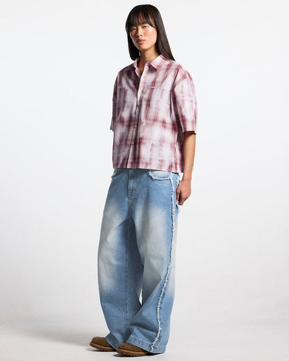 ALOHA SHIRT PINK - pink plaid short sleeve shirt, front view on female model - Cold Culture #woman