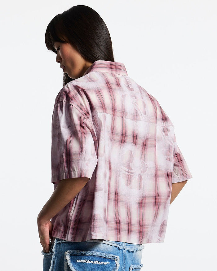 ALOHA SHIRT PINK - pink plaid short sleeve shirt, back view on female model - Cold Culture #woman
