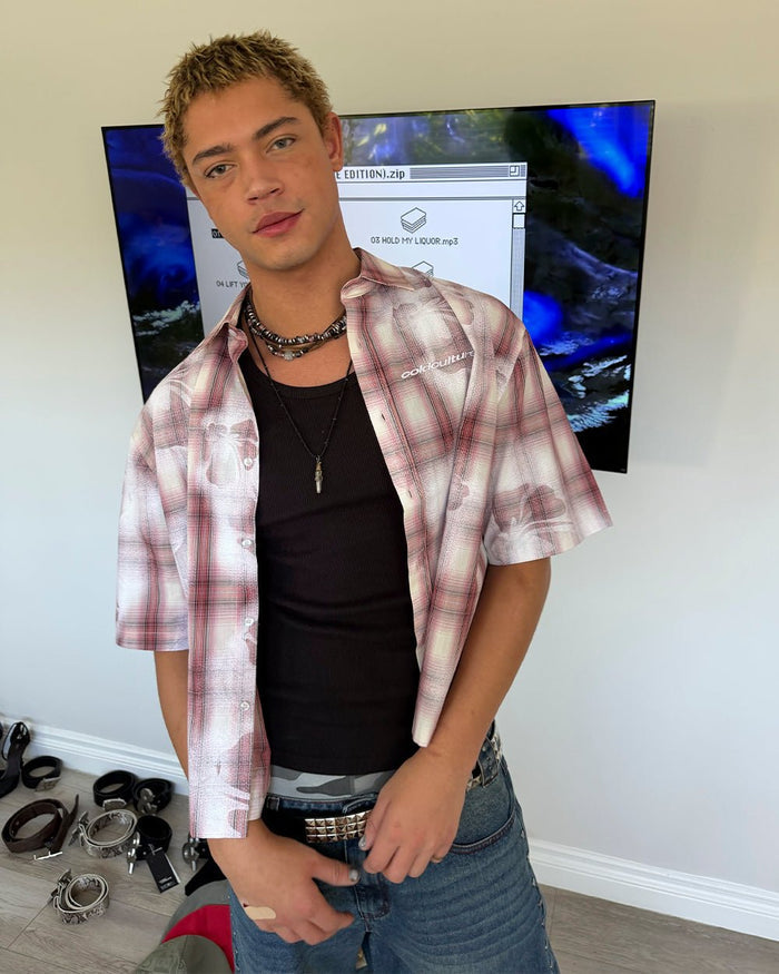 ALOHA SHIRT PINK - pink plaid short sleeve shirt, street style shot - Cold Culture