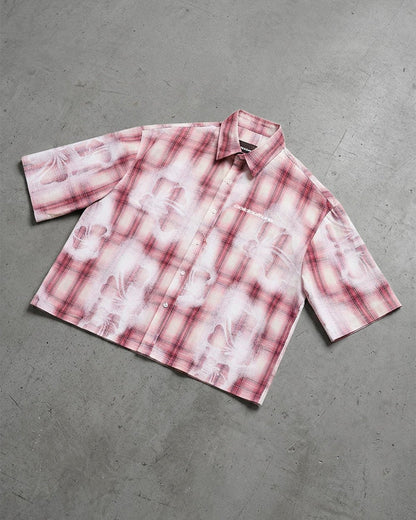 ALOHA SHIRT PINK - pink plaid short sleeve shirt, flat lay - Cold Culture