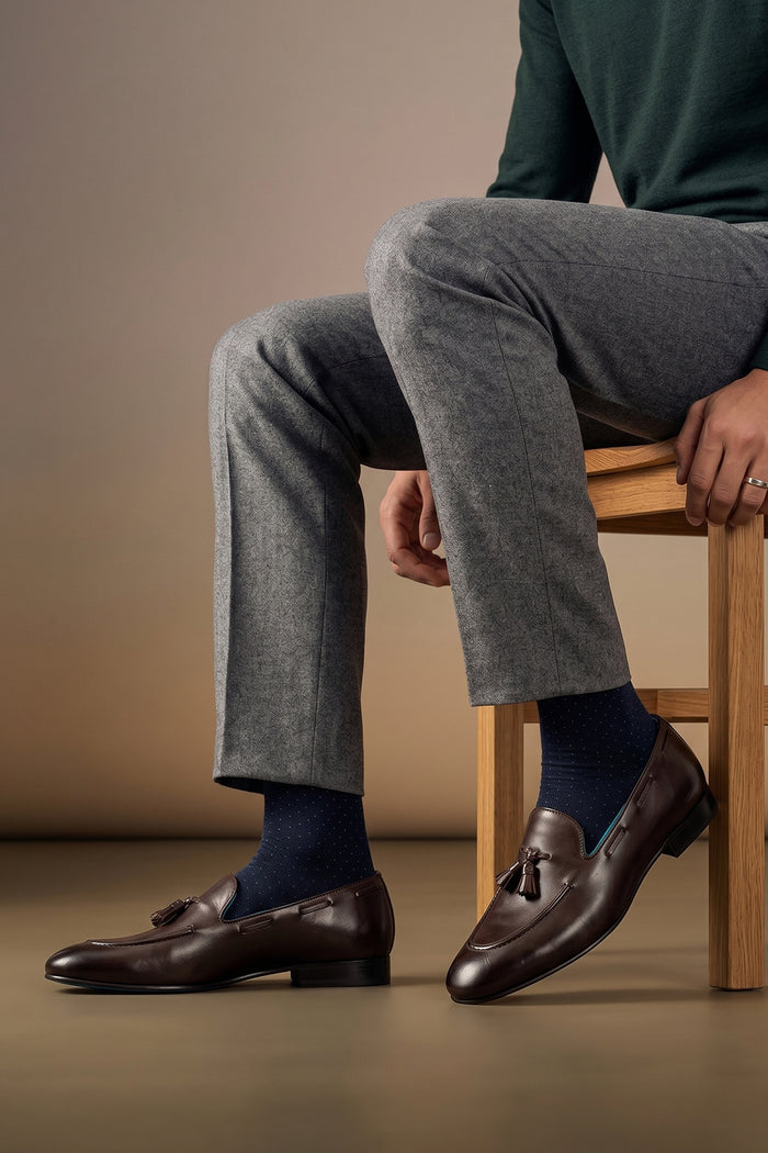 Man wearing Alvin Brown leather tassel loafers for men, crafted from premium leather with classic tassel detail, ideal for formal and smart casual occasions.