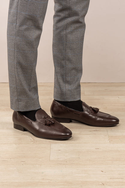 Alvin Brown leather tassel loafers for men, crafted from premium leather with classic tassel detail, ideal for formal and smart casual occasions.