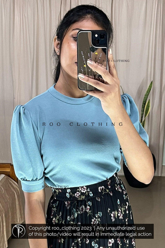 Aqua Blue Crew Neck Puff Sleeves Top