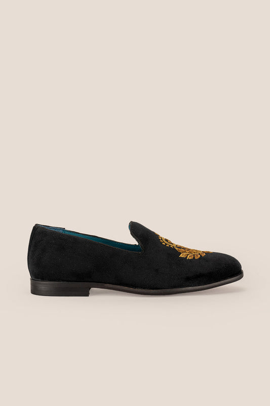 Archer Black velvet slip-on loafers for men featuring plush velvet material and elegant design, ideal for formal and smart casual occasions.