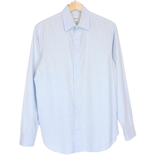 Armani light blue long sleeve cotton shirt with subtle collar discolouration.