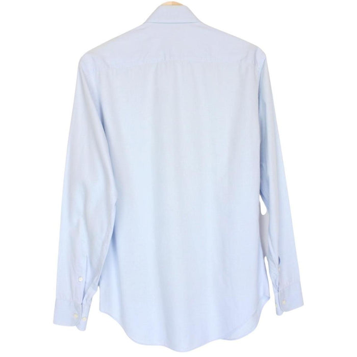 Armani light blue long sleeve cotton shirt with subtle collar discolouration.
