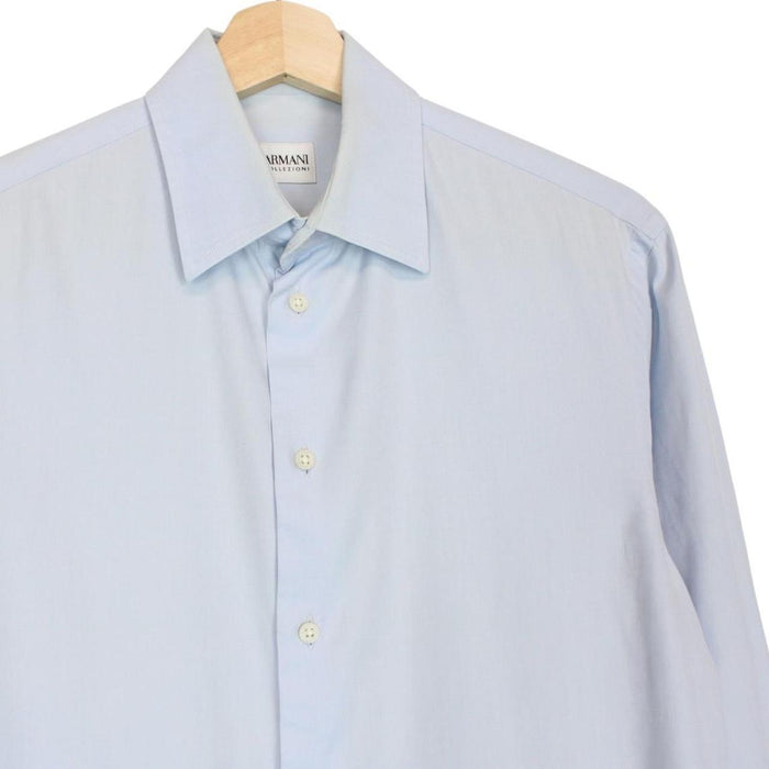 Armani light blue long sleeve cotton shirt with subtle collar discolouration.