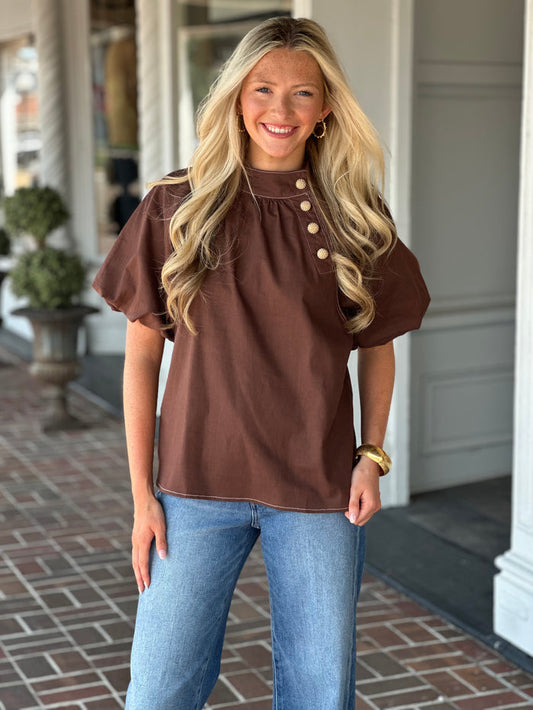 As Time Files Brown Puff Sleeve Top