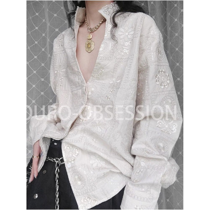 OURO Bard Court Style Embroidered Textured Beaded Light Luxury Deep V Neck Shirt image 1