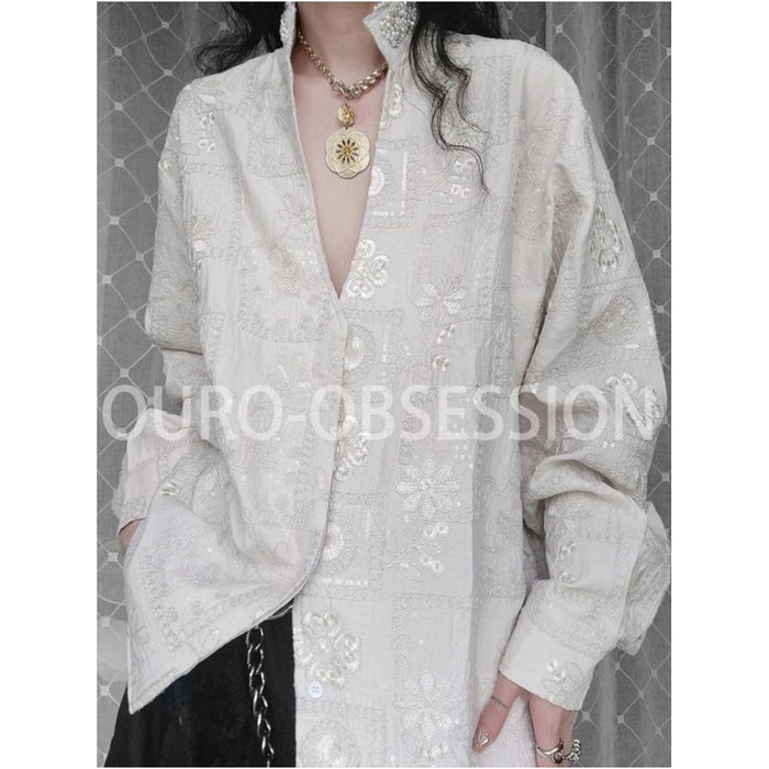 OURO Bard Court Style Embroidered Textured Beaded Light Luxury Deep V Neck Shirt image 2