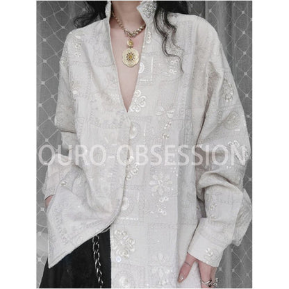 OURO Bard Court Style Embroidered Textured Beaded Light Luxury Deep V Neck Shirt image 2