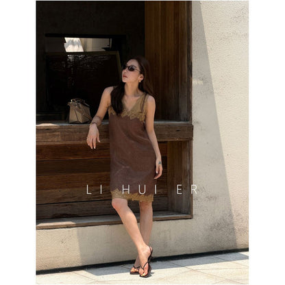 LiHuiEr Midsummer Van Gogh Summer Brown Flowing V Neck Camisole Skirt Two Piece Set for Women image 1