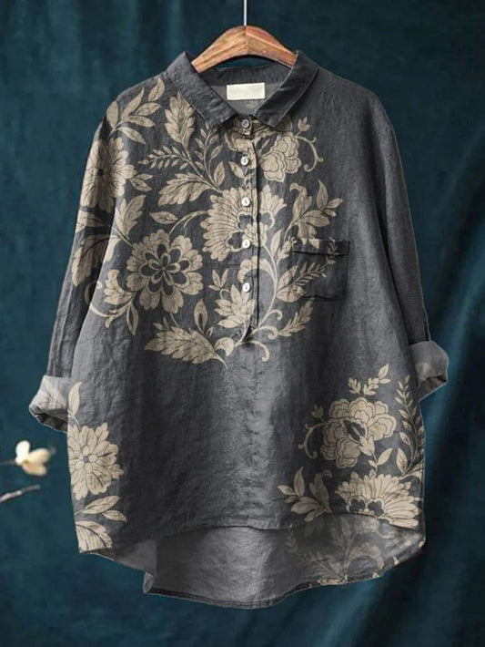 Asymmetric Floral and Leaf Combination Decorative Pattern Casual Cotton Shirt