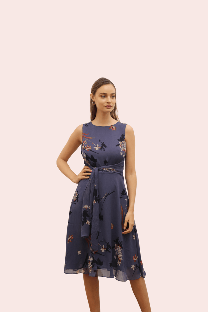 Atelier-New York Grey Floral Printed Chiffon Midi Dress - BTK COLLECTIONS